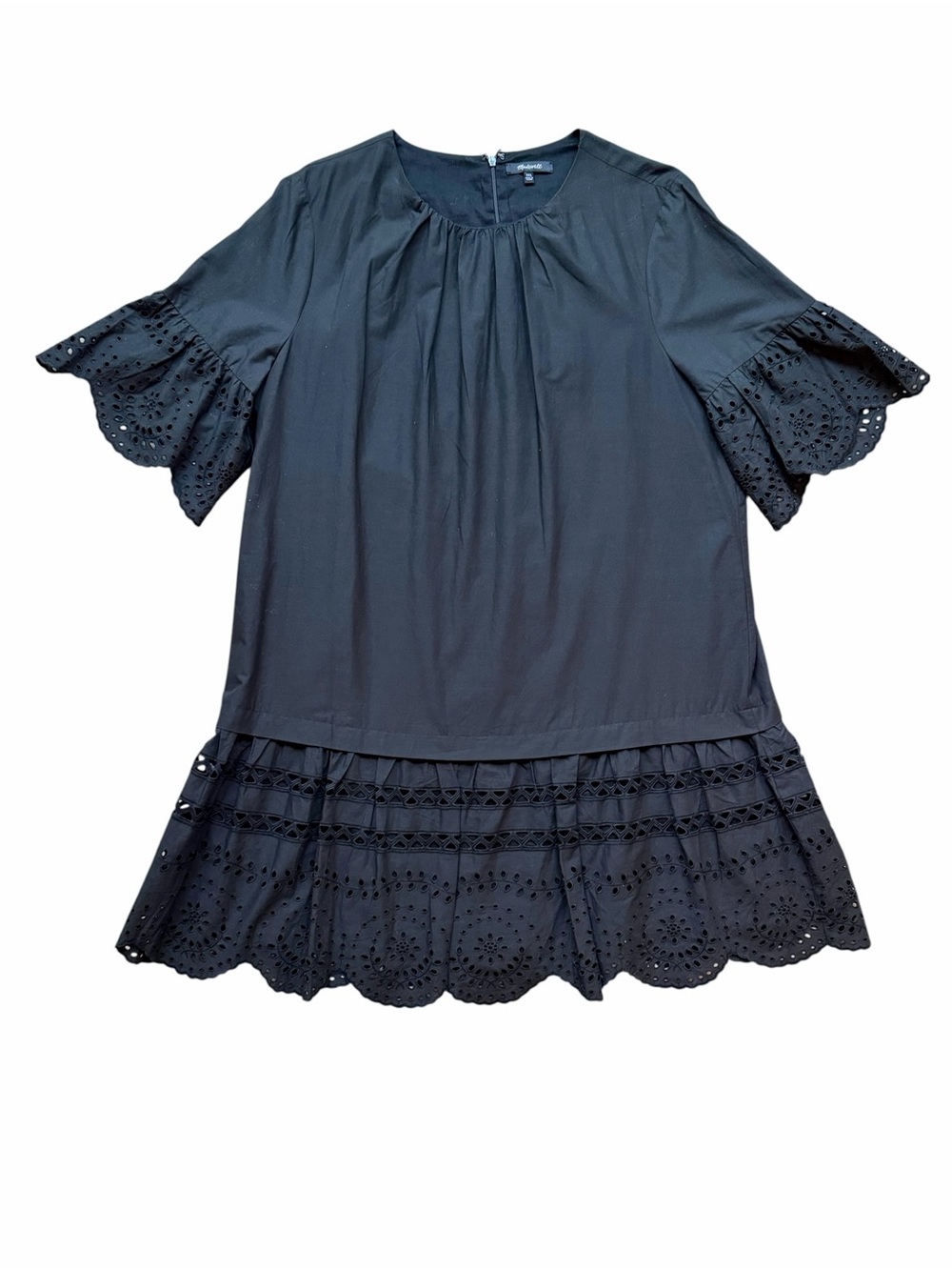 MADEWELL Drop Waist Eyelet Flutter Sleeve Scalloped Hem Mini Dress